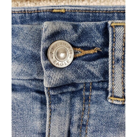 AMERICAN EAGLE Jean Skirt Sz 2 Curvy High Rise Mini Raw Hem Stretch Ripped 80s - Picture 7 of 10